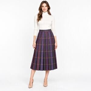 Vintage 100% Wool Purple Wine Plaid Pleated Midi Skirt 26” Size Small Premiere